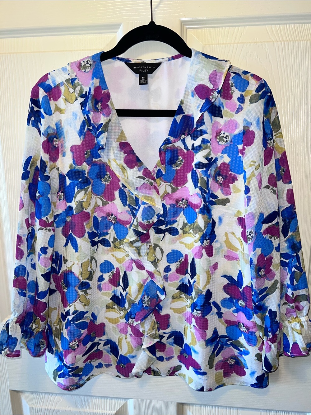 Investments Riley White Floral V-Neck Blouse with Pink and Blue Accents